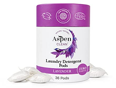 AspenClean AspenClean Lot de 36 capsules de lessive à la lavande Emballage amélioré sans plastique, certifié CEE, végétalien, non biologique, hypoallergénique, lessive naturelle