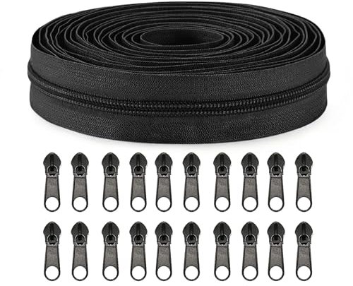 Sawoake #5 cerniere in nylon a bobina Bulk 9 metri con 20 cursori con chiusura lampo per fai da te, cucito, artigianato, abbigliamento, tessuti per la casa (nero)