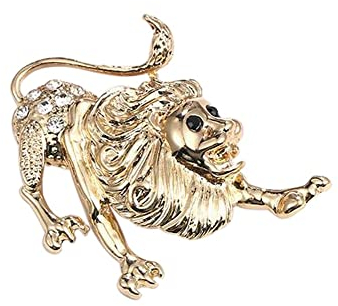 Broche bijou Lion signe du zodiaque, acier doré et strass blanc.