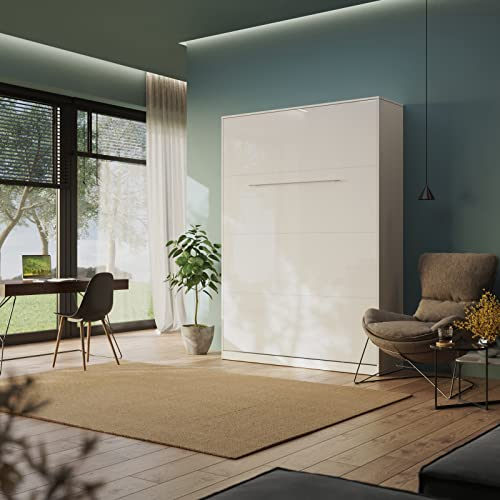 Schrankbett Standard 140x200 Vertikal Weiß/Weiß Hochglanzfront ausklappbares Wandbett, ideal geeignet als Wandklappbett fürs Gästezimmer, Büro, Wohnzimmer, Schlafzimmer