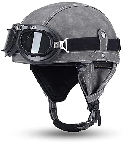 Deutscher Style Motorradhelm,Retro Motorrad Halbhelm Für Herren Und Damen PU Leder Schalenhelme Mit Vintage Brille Sommer Jethelm Street Moped Roller Helm ECE-Zertifizierung