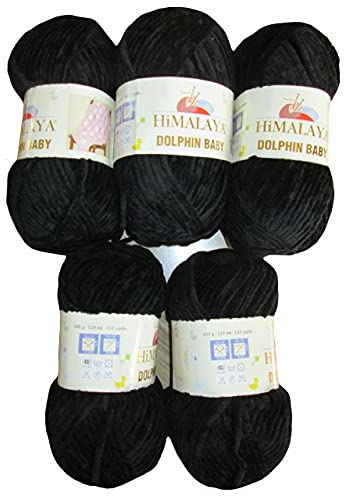 Ilkadim Export 5 x 100 Gramm Himalaya Dolphin Strickwolle, Babywolle einfarbig, 500 Gramm Wolle Strickgarn Super Bulky (schwarz 80311)
