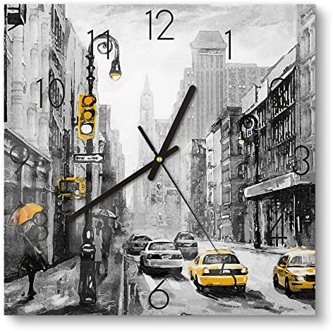 DEQORI Glasuhr | 30x30 cm | Motiv Gelbe Akzente auf Straße | ausgefallene leise Design Uhr aus Glas | Wanduhr für Wohnzimmer & Küche | Moderne Hingucker Uhr für die Wand
