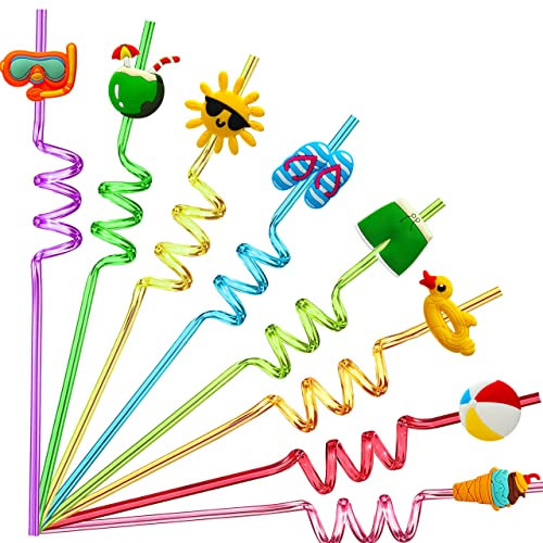 24 Pool Party Favors Straws, Pool Party Decorations for Kids Birthday, Beach Ball Summer Pool Party Supplies, Summer Theme Crazy Silly Straws with 2 Pcs Cleaning Brushes