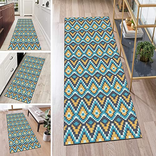 Kücheläufer Waschbar Läufer Teppich Lang Flur rutschfest Blau Grau Gelb 120x180cm Meterware Pixelmuster Teppichmatten Waschbar Korridor Wohnzimmer Schlafzimmer 40 - 120cm Breit, Anpassbare Größe