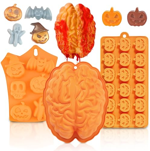 CIYKZYTRS Halloween Silikon Kuchenform, 3 Stücke Gruselige Kürbisse, Geister, Blutige Gehirne, Fledermaus, Totenkopf Silikonform DIY Silikonform, Zur Herstellung von Partykuchen, Muffins, Gelees