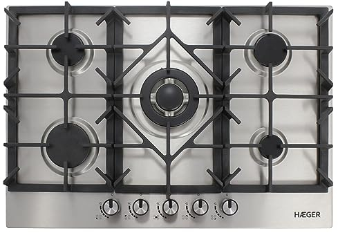 HAEGER Placa de Gas Empotada, 70 cm, 5 Boquillas, 1 wok, Inox