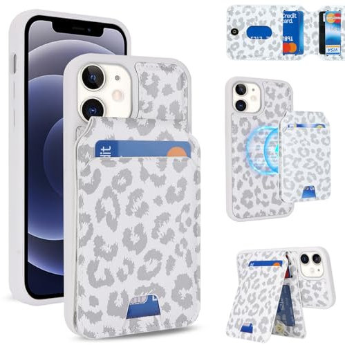 Zouzt for iPhone 12 Mini Wallet Case Compatible with MagSafe, iPhone 12 Mini Card Holder Case 12Mini Case with Card Slot iPhone12 Mini Magnetic Car Kickstand Phone Cover for 5.4-White Leopard