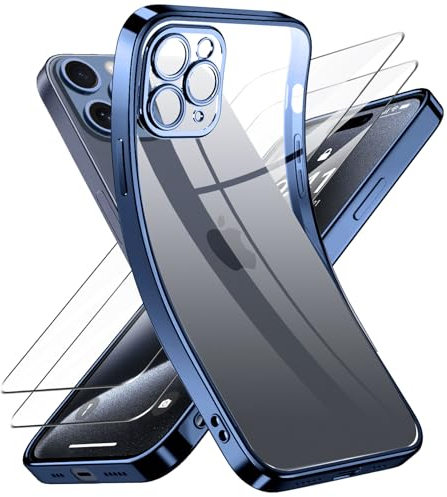Qasyfanc Coque Protection Caméra Compatible avec Coque iPhone 15 Pro et 2 Pièces Verre Trempé, Étui iPhone 15 Pro Souple Silicone Anti-Jaune Ultra Mince Housse pour Fille, Bleu