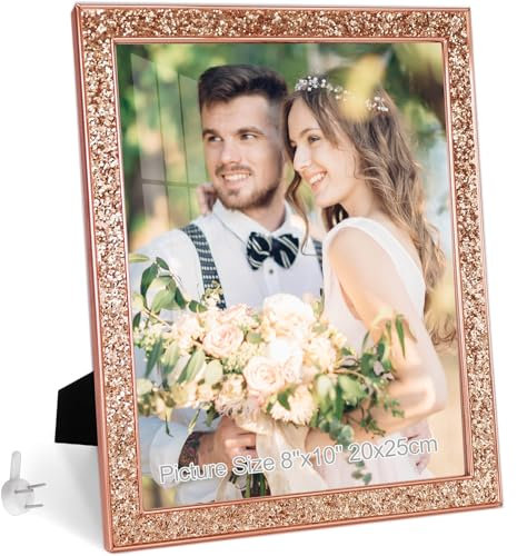 HIKWADERY 8x10 Picture Frame Glitter, Rose Gold Bling 8 by 10 Photo Frames with HD Real Glass, for Wall or Tabletop Display, Family Friends Wedding Father's Day Gift (8 x 10, Rose Gold)