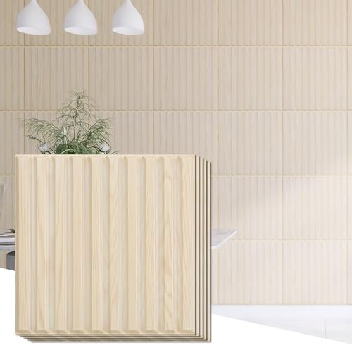 KASARO Lot de 12 panneaux muraux 3D en PVC cannelé texturé pour décoration murale intérieure, carreaux décoratifs pour salon, chambre à coucher, bois beige - 50 x 50 cm
