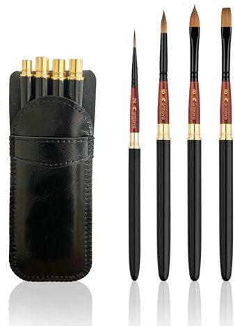 Kit de pinceaux de voyage premium : lot de 4 pinceaux à cheveux de poney dans un étui élégant en cuir synthétique noir, idéal pour aquarelle et acrylique, polyvalent, cadeau pour artistes