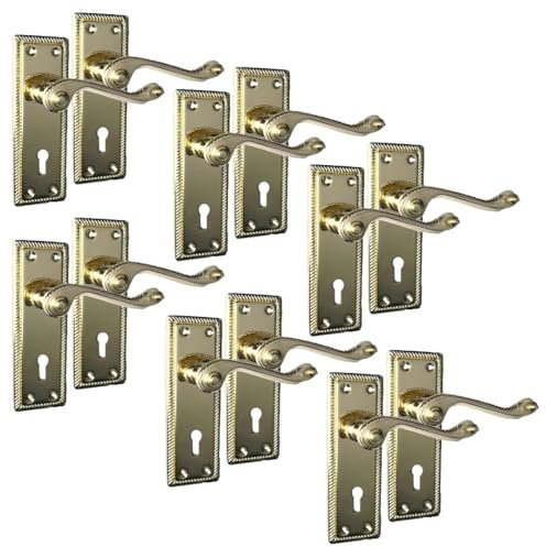 Georgian Style Scroll Brass Finish Door Handles, Internal Door Handles, Brass Door Handle, Door Lock, Door Latch, Door Handle with Lock, Door Handle 6 Pair