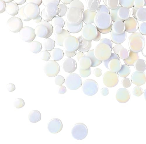 Schillernde runde Glasmosaikfliesen zum Basteln, 500 g, Mini-Kreis-Mosaik-Glasstücke für Blumentöpfe, Vasen, Tassen, Garten- und Heimdekoration, DIY-Mosaikzubehör (weiß)