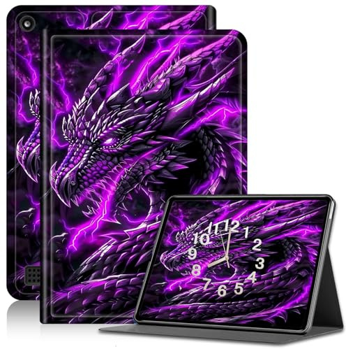 Case for Amazon Kindle Fire 7 Case 2019/2017 Release 9th/7th Generation, PU Leather Adjustable Stand Shockproof Smart Cover with Auto Wake/Sleep Kindle Fire 7 Case, Neon Black Dragon