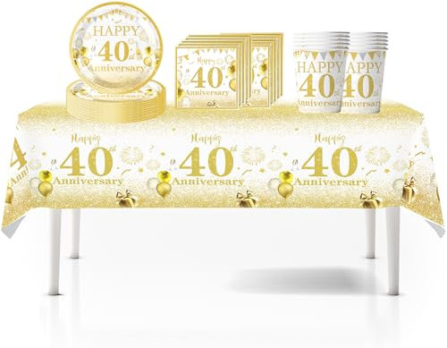 41Pcs White Gold 40th Happy Birthday Party Tableware Decorations for Him Plastic Table Cloth,7inch Paper Plates,Napkins, Cups for Men Birthday Table Party Tableware Set for Him Adults Birthday Party