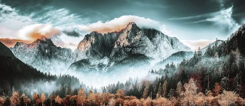 UNIK Nordic Vliestapete, BxH 450x250 cm, Berge Ausblick, Tapete Landschaft, Fototapete Wohnzimmer und Schlafzimmer, XXL Premium Wohntapete, Wandtapete, Wald Naturtapete Made in Germany