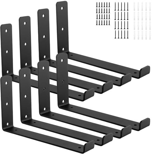 TAICHEUT 8 Pack 25cm Heavy Duty Scaffold Shelf Brackets with Lips, 5mm Thick L Wall Brackets for Shelves, Black Industrial Shelves Support,250x150x40mm