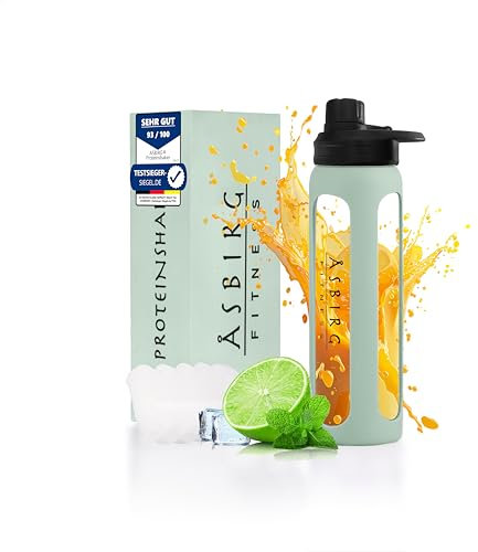 Asbirg 2.0 | Glas Protein Shaker 700ml – BPA-frei, auslaufsicher & robust – Eiweiß Shaker mit Mixball aus Borosilikatglas – Trinkflasche für Fitness & Sport | Pastellgrün