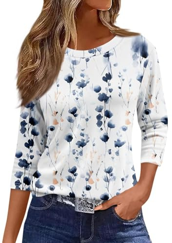 Womens Tops 3/4 Sleeve Tunic Blouse Casual Lightweight Comfort Shirts Crewneck Elegant Workout Dressy Tunic Blouse Vintage Loose Going Out T-Shirt Blouse Streetwear