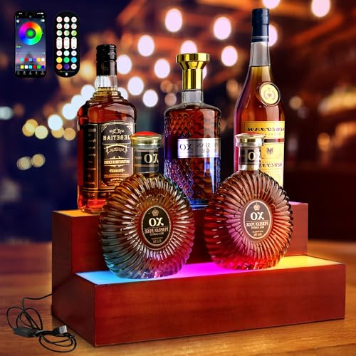 Alytree 16 Inch Wine Rack with Light LED Liquor Bottle Display Case, 2 Tier LED Bar Shelves for Liquor Bottles with RF Remote & App Control, Support USB for Whiskey Wine Coffee Syrup Bottle Display