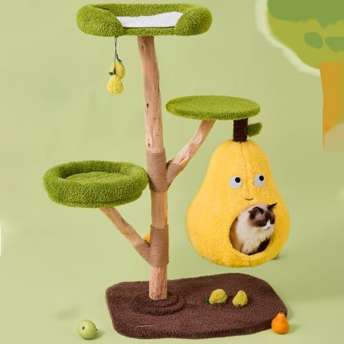 EKDJSN Cat Tree, with Plush Toys, Wide Pear Dimples and Soft Cat Bed, Natural Fruit Tree Trunk Design, Multiple Sisal Column Design, Easy to Install, Yellow(30.3x53.9in)
