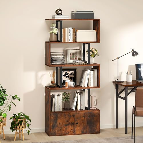 YITAHOME Bookcase, Industrial Bookshelf with Doors Wood and Metal Shelving unit Tall Floorstanding Book Shelves Display Storage Cabinet for Bedroom Living Room Home Office, Rustic Brown