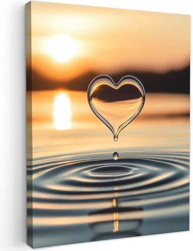 MuchoWow© Leinwandbilder 60x80 cm Wall Art Decoration Bilder für die Wand Schlafzimmer Deko Canvas Painting Wanddekoration Wohnzimmer Herz - Wasser - Sonnenuntergang - Natur - Zen