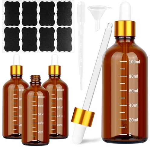Xishoyen 4 Stück Pipettenflasche, 100ml Glasflasche mit Pipette und Skala, Braune Apothekerflasche, Dropper Bottle mit Trichter, Tropfer und Aufkleber für Ätherische Öle, Parfümöle