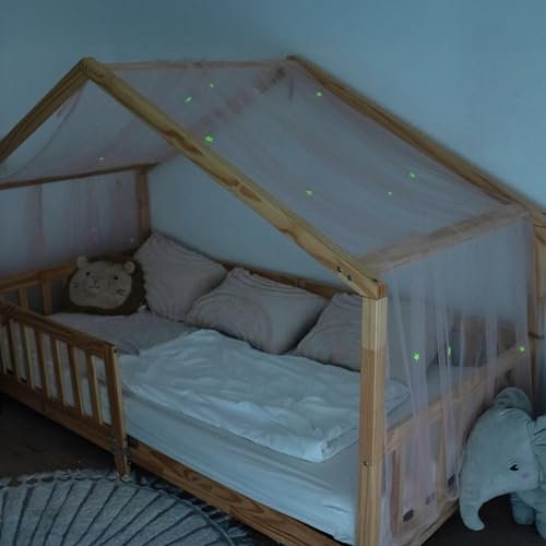 lilimaus Hausbett Himmel mit leuchtenden Sternen - Betthimmel Hausbett Deko - Geschenk Mädchen & Jungen - Himmelbett Vorhänge für 90x200 & 120x200 Kinderbetten - Leuchtsterne Kinderzimmer Deko