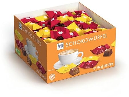 Ritter Sport Schokowürfel Thekendisplay, verschiedene Schokoladenvariationen, für Schokoladenliebhaber, perfekt für Büro, Meetings und gemeinsame Genussmomente, 994g (130 Stück)
