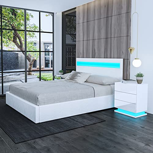 Chebinsiti Small Double Ottoman Bed, 4ft Upholstered Bed Frame with LED Lights, Gas Lift Storage, Soft Faux Leather Headboard, White