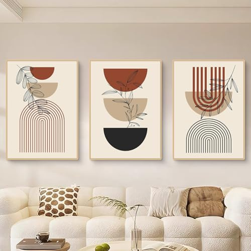 Uixxducc 3-teiliges Boho Poster Set Aesthetic Pflanze mit Minimalistischen Geometrischen FormenBilder, Ohne Rahmen, Beige Wandbilder Wohnzimmer Abstrakt Wanddekoration für Schlafzimmer (50x70cm)