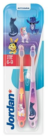 Jordan ® | Step 3 Zahnbürste Kinder | Kinder zahnbürste für 6-9 Jahre | Weiche Borsten, doppelter ergonomischer Griff & BPA-frei | Rosa | Pack 2 Einheiten