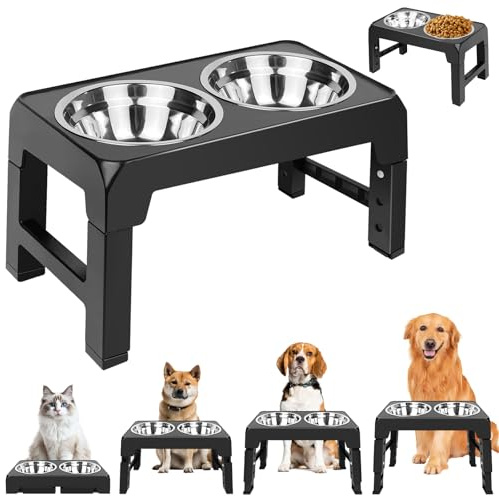 Raised Dog Bowl, Elevated Dog Food Water Bowls Protecting Spine with 4 Adjustable Height, 2x1200ml Stainless Steel Bowls, Non-Slip and No Spill for Small Medium Large Dogs (44cmx24cmx8/22/26/30cm)
