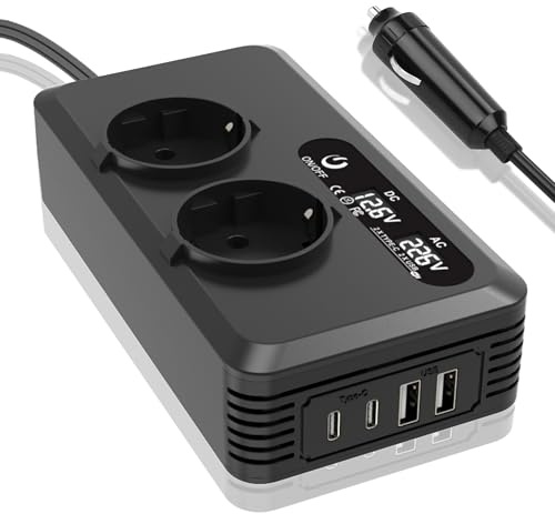 DawmMeet Auto Spannungswandler 200W, Wechselrichter DC 12V to AC 230V, Schnelles Aufladen KFZ Ladegerät mit 2 Aufladungsanschlüssen, 2 USB-Anschlüsse und 2 Typ-C, Kompatibel mit Smartphone, Laptop