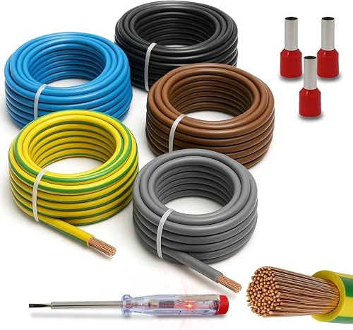 Verdrahtungssatz 10mm² H07V-K Aderleitung flexibel Set 5x2m inkl. 20x Aderendhülsen Verdrahtungsleitung ideal für Zählerplatz, Erdungskabel & Verdrahtungsbrücken