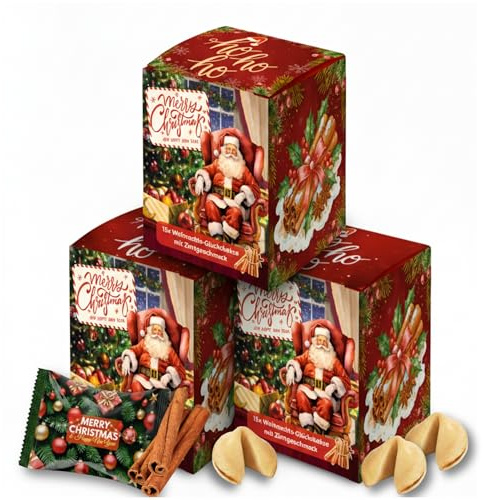 Weihnachts Glückskekse Zimt – 3er Pack, Knuspriges Gebäck mit Sprüchen auf Deutsch, vegetarisch, einzeln verpackt, weihnachtssüßigkeiten, ideal als Adventskalender Füllung, Weihnachten & Silvester