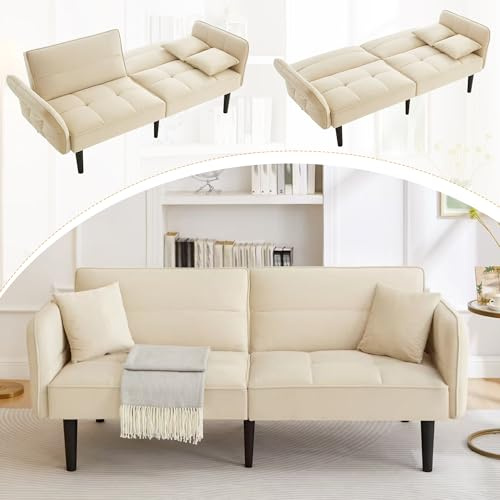 Lahoomu 2-in-1 Verstellbares Schlafsofa – Zweisitzer mit Samtbezug, Klappbaren Armlehnen & Schlaffunktion Beige
