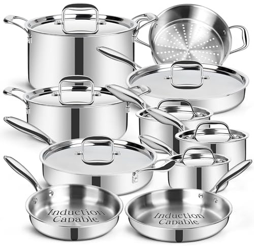3 Ply 17pcs Stainless Steel Cookware Set, Induction Hob Pots and Pans Sets, Oven Safe | Induction Compatible Frying Pans, Saucepans, Saute Pan & Stock Pot, PFOA, PFOS Free