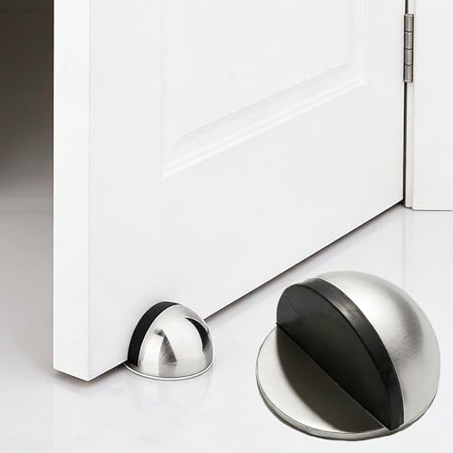 2PCS Floor Door Stoppers No Drill Stainless Steel Half Moon Door Stop Oval Wall Protector Self Adhesive Doorstop with Rubber Bumper for Indoors Home Office Use