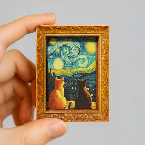 Starry Night Cat Fridge Magnet, 1 Pc Mini Framed Refrigerator Magnet, Vintage Style Cat Art Kitchen Magnet for Fridge, Locker, Whiteboard, Office Notice Board and Cat Lover Gift