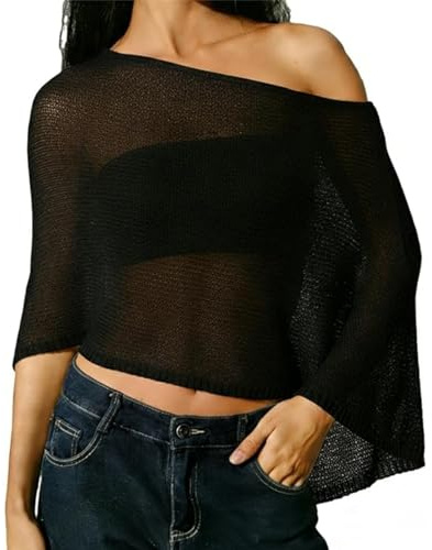 Stickade Ponchos Och Caps För Kvinnor, Skir Poncho För Kvinnor, Lätt Sommar En Axel Lös Boho Beach Cover Up(Black)