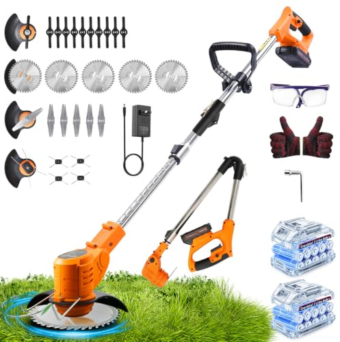 Grenintol Desbrozadora a Batería 21V, Desbrozadora Eléctrica Sin Cable 4 en 1 con 2 Baterías 2000mAh, Cortabordes Eléctrico Potente 850W 9500RPM para Jardín, Césped y Maleza