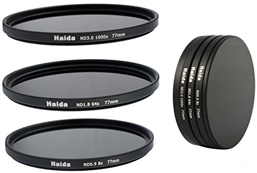 HAIDA Neutral Graufilter Set bestehend aus ND8, ND64, ND1000 Filtern 77mm inkl. Stack Cap Filtercontainer + Pro Lens Cap mit Innengriff