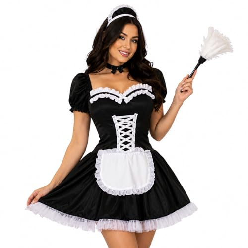 Plus Size French Maid Outfit Women Sexy Maid Costume Halloween Fancy Dress | Rocky Horror Show style, Roleplay, Feather duster, Apron & hat included, Sizes 8-26, Cosplay, Hen party, Stretch fit, UK,