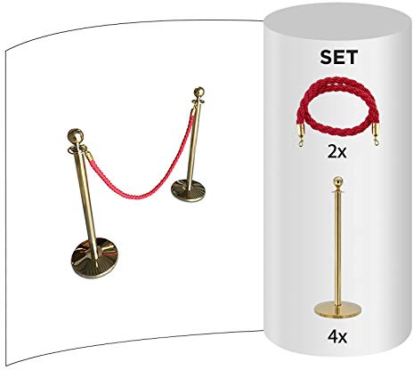 4-Stück-Set FLEXIBARRIER Personenleitsystem Absperrung mit Kordel -Basic- (Gold) Kordelständer/Absperrständer (4X Pfosten + 2X Rot Kordel)
