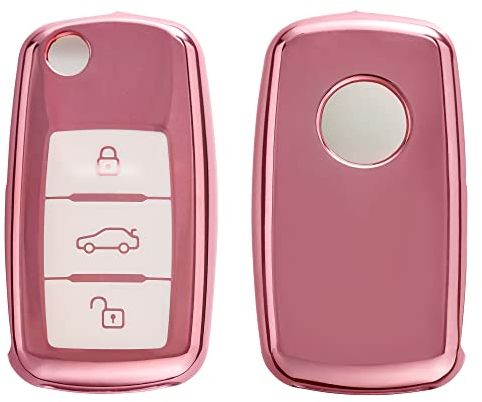 kwmobile Autoschlüssel Hülle kompatibel mit VW Skoda Seat 3-Tasten Autoschlüssel - Schlüsselhülle Silikon Cover - Rosegold Weiß