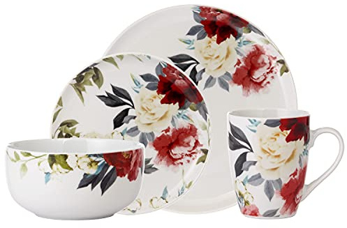 Safdie & Co. Rose Garden 16-teiliges Geschirr-Set, Service für 4, Fiesta-Geschirr, Teller und Schüsseln, Netzwerkutensilien, Porzellan-Speiseteller, mehrfarbig, 40,6 cm L x 30,5 cm B x 38,1 cm H