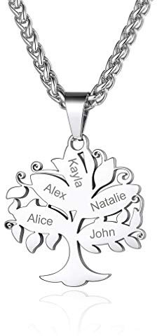 Custom4U Collier Personnalisé 5 Prénoms, Pendentif Arbre de Vie en Acier Inoxydable,Bijoux Gravé Noms de Famille,Enfants,Chaine Ajustable 55+5 cm,Cadeau Anniversaire Femme Maman,Grand Mère